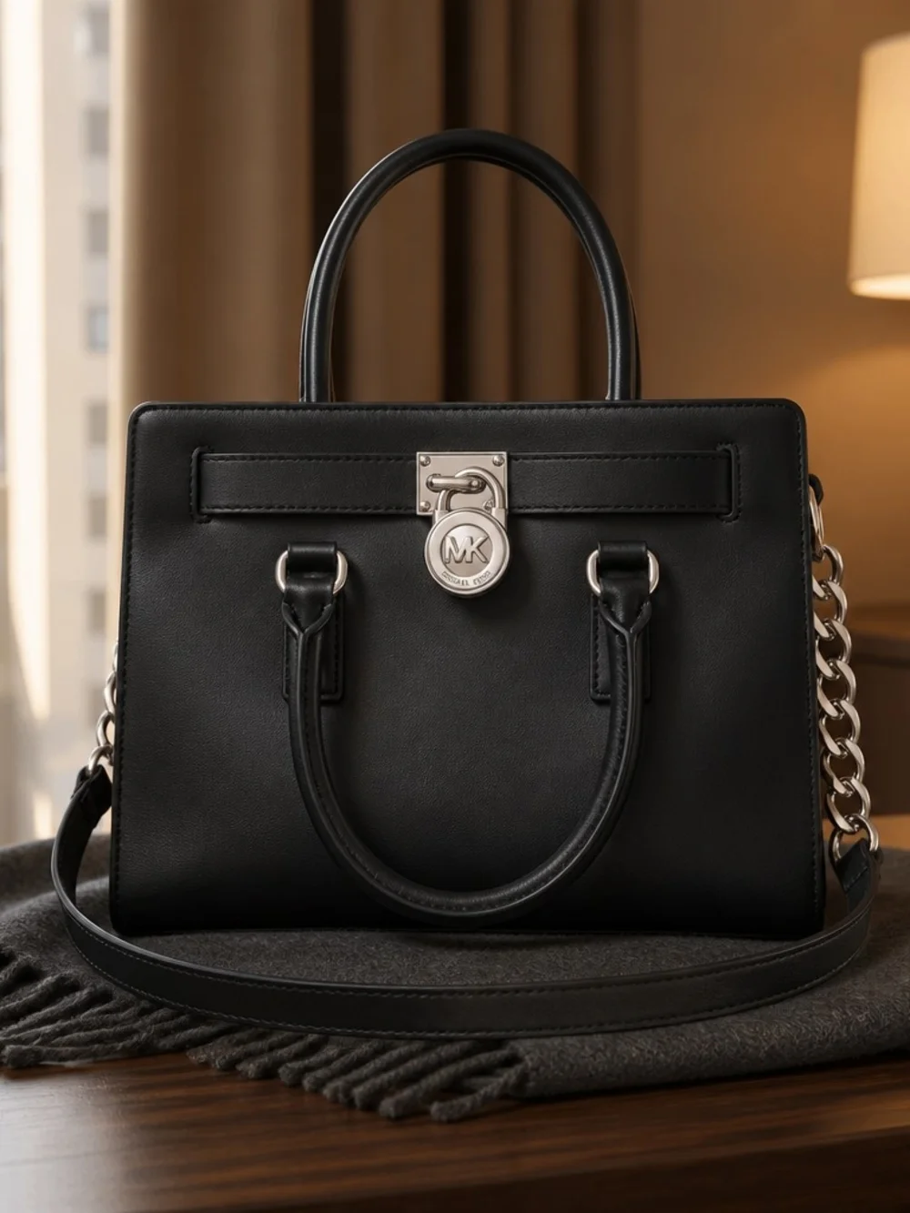 Michael Kors Hamilton Black Saffiano Leather Satchel with  Silver Hardware